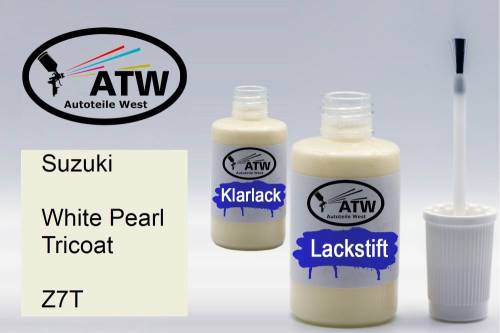 Suzuki, White Pearl Tricoat, Z7T: 20ml Lackstift + 20ml Klarlack - Set, von ATW Autoteile West.